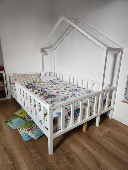 Pat Căsuță Montessori din Lemn Masiv + Saltea + 2 Lenjerii Bumbac