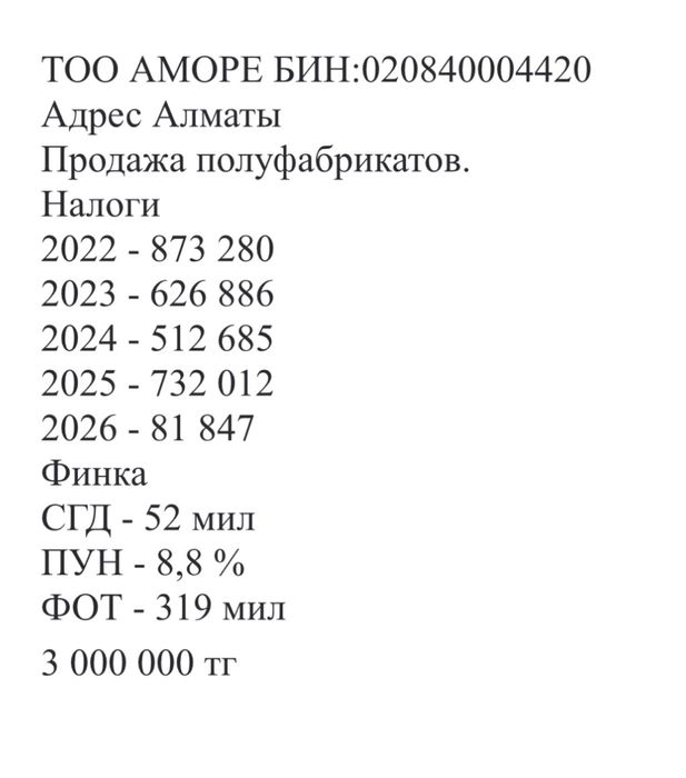 Продается Тоо, продажа полуфабрикатов