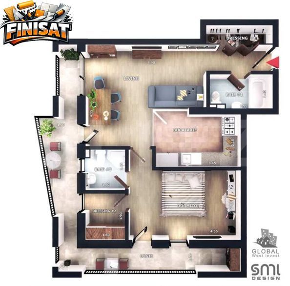Apartament 2 camere, FINISAT, terasa 19mp, CF, 2 bai, parcare, boxa — fotografia 1
