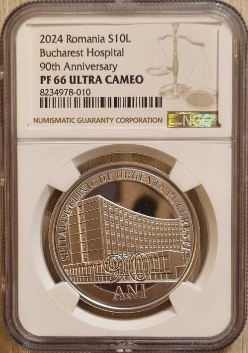 Moneda BNR 10 lei argint Spitalul deUrgenta gradata NGC PF 66 UC