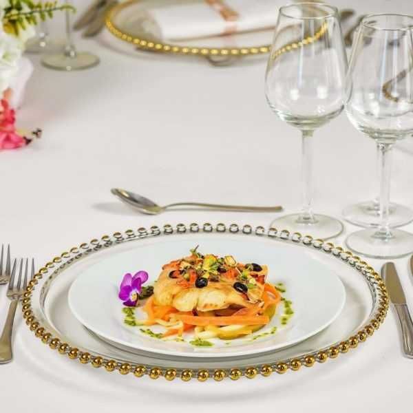 Farfurie Suport Din Sticla, Margine Bobite Aurii si Argintii