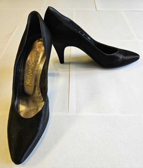 Pantofi Yves Saint Laurent Femei Negru Satin 38 Made in Italy