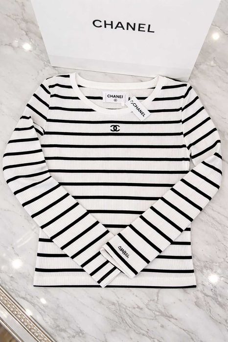 chanel блуза дълъг ръкав бяла черна топ есенна зимна шанел блузка райе