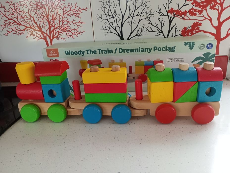 Дървено влакче за нанизване и бутане / Дървен дидактически влак Woody