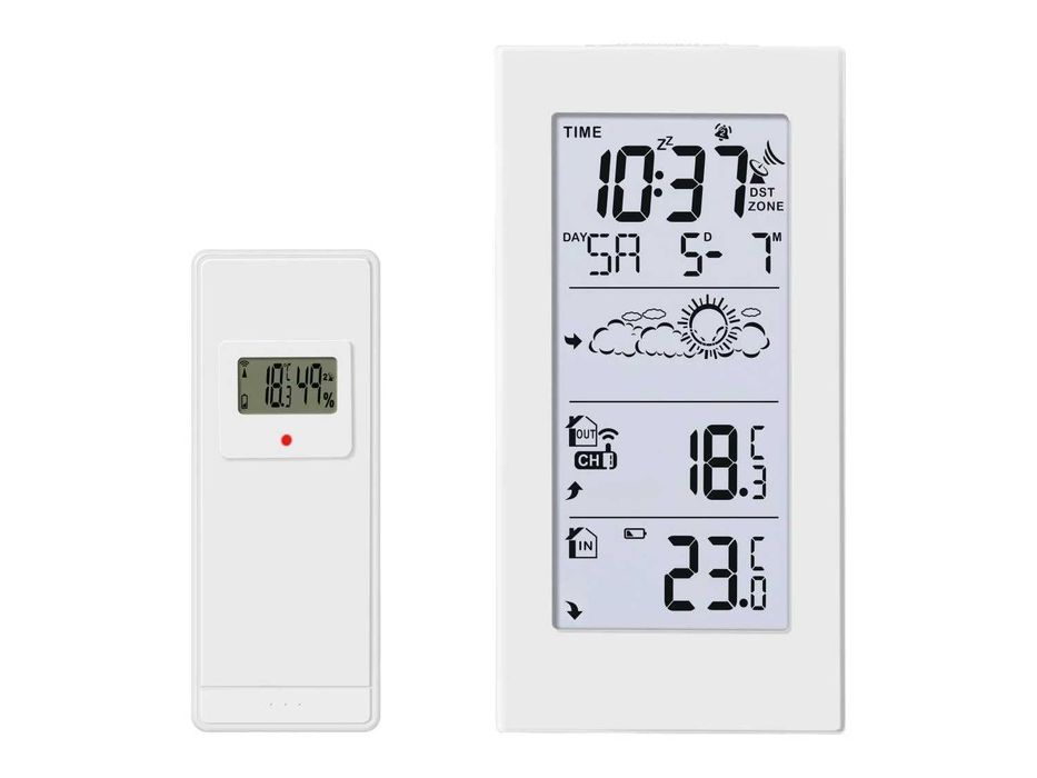 Stație meteo cu radiocomanda, cu senzor exterior; ceas cu termometru, wireless, noua, sigilata, realizata in Germania; afiseaza umiditatea pe exterior