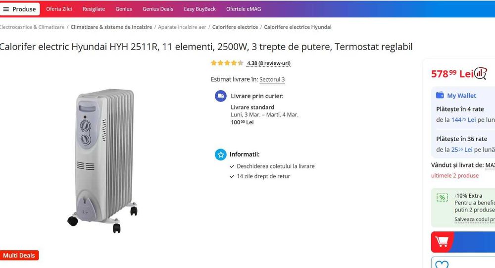 Calorifer electric hyundai ulei 12 elementi 2 trepte putere reglabil