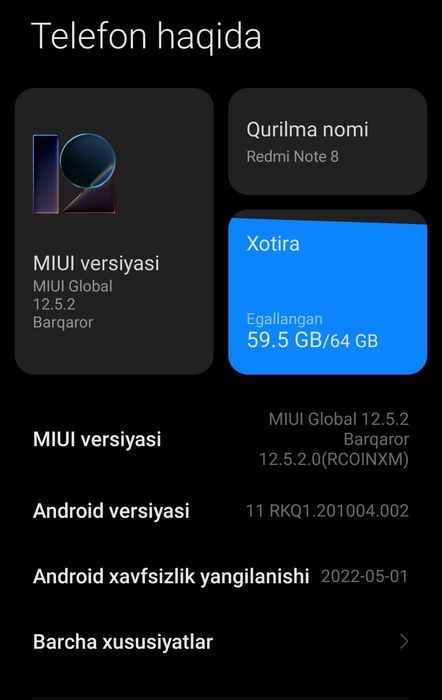 Redmi Note 8 
Xotira: 64 GB 
RAM 4+1 GB
IME 2 ta SIM 

Maʼlumot uchun: