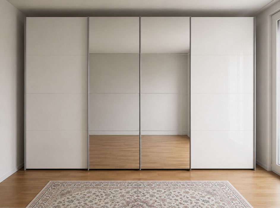 Dressing/Dulap 320/230/64 cm 4 usi culisante alb lucios/oglinda