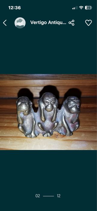 Антикварен арт бронзов плакет миниатюра на трите мъдри маймунки патина