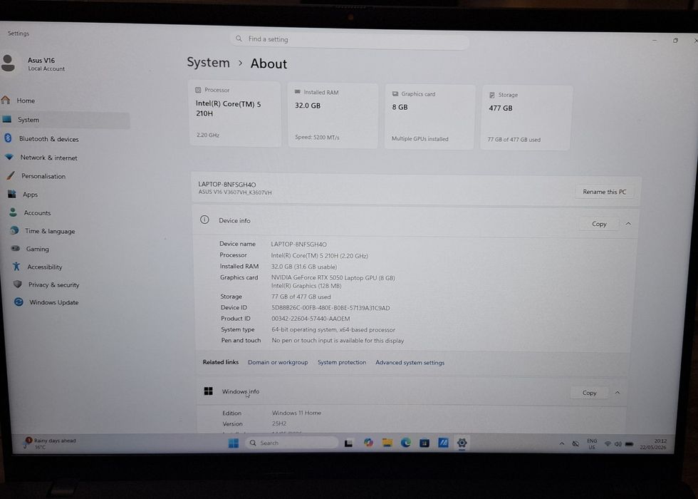 Геймърски Лаптоп ASUS V16 | Intel  5 210H  | 32GB RAM | 512GB SSD | RTX 5050