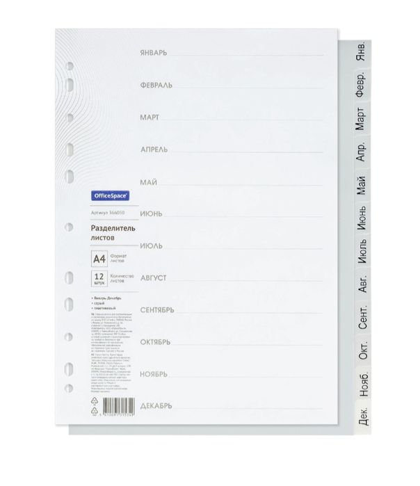 Разделитель листов Berlingo А4, 12 листов, Январь-Декабрь, пл