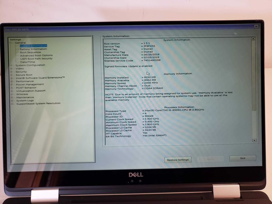 Лаптоп DELL XPS 15 9575 i5-8305G 8GB 256GB WIN11