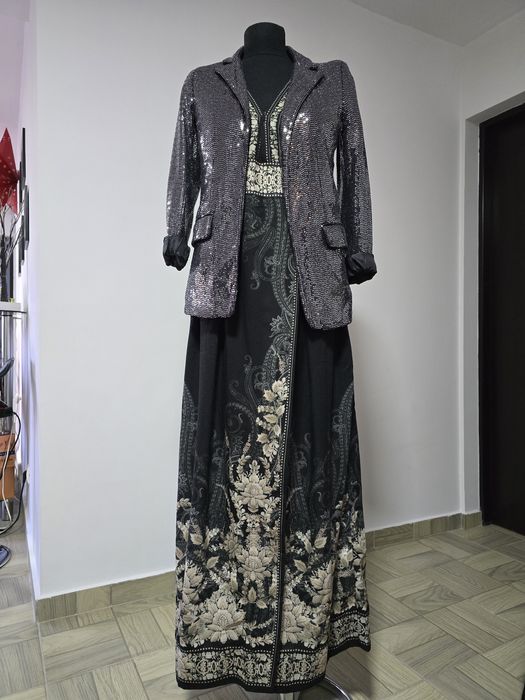 Rochie maxi din in si bumbac, model cu imprimeu  lotus înghețat