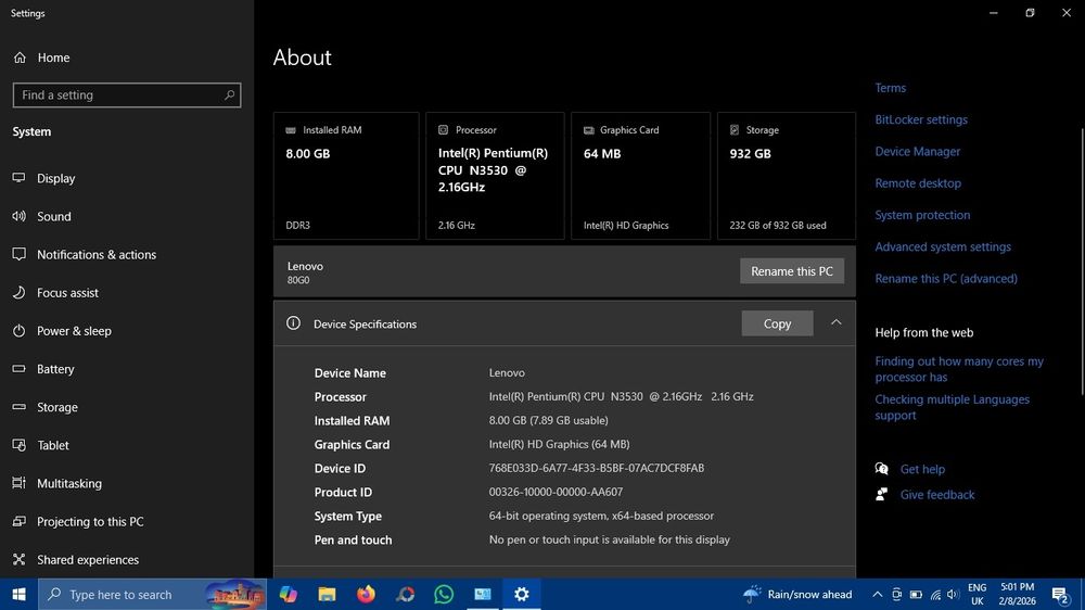 Laptop Lenovo 2.58 Ghz, 8Gb Ram, 1TB Stocare, Windows 10 cu licenta