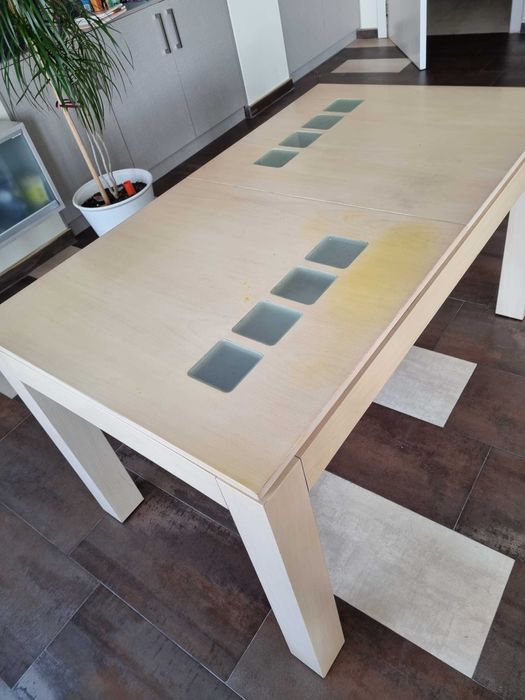 Разтегателна трапезна маса МДФ+стъкло 80/140(180)/75, цвят парен бук