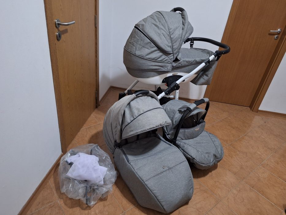 Бебешка количка 3 в 1 Adbor - Nemo len, сив лен