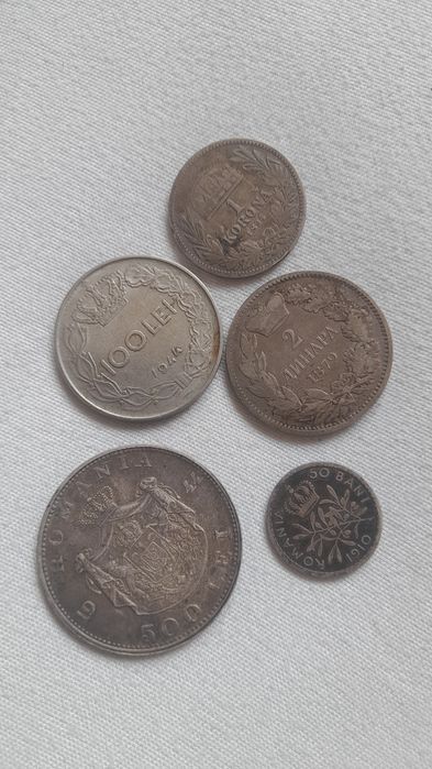 Lot 5 Monede Argint Vechi 1879-1944 - 2 Dinari Serbia 1879, Carol I 1910, 1 Korona 1892, 100 Lei 1944 - Colectie