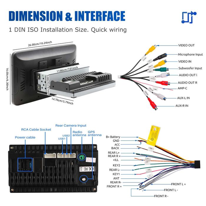 10” 1-DIN мултимедия с Android 14 с 64GB ROM, RAM 4GB
