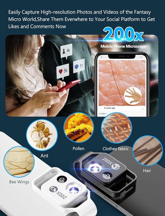 APEXEL Clip-on Phone Microscope, 200x with Slides for Kids, Black