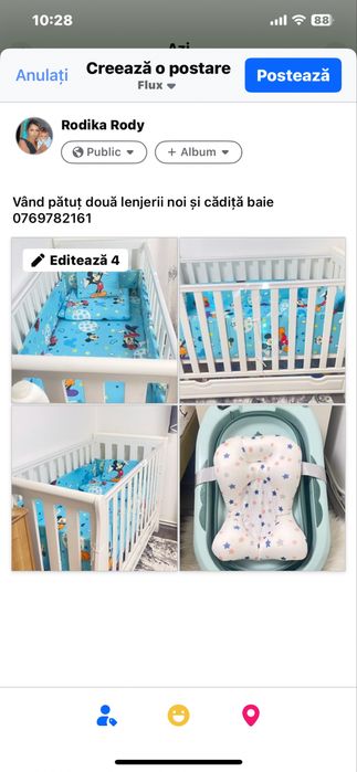 Vînd pătuț două lenjerii noi și cădiță baie