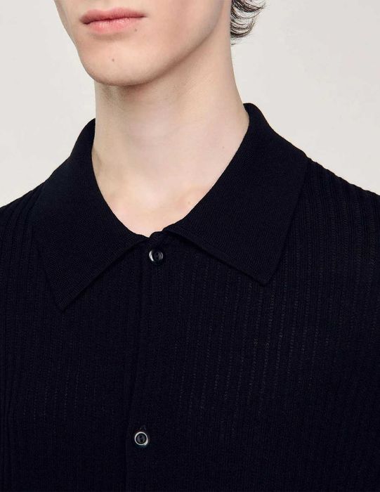 Sandro, Cămașă de lână din tricot reiat, Negru, M