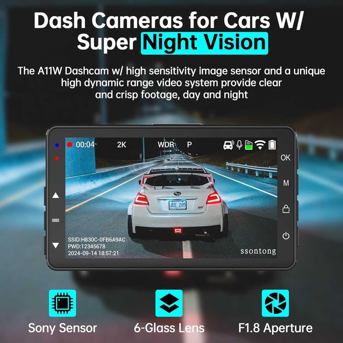 Dash Cam отпред и отзад, 2K, WiFi/БЕЗПЛАТНО ПРИЛОЖЕНИЕ, отпред 170°