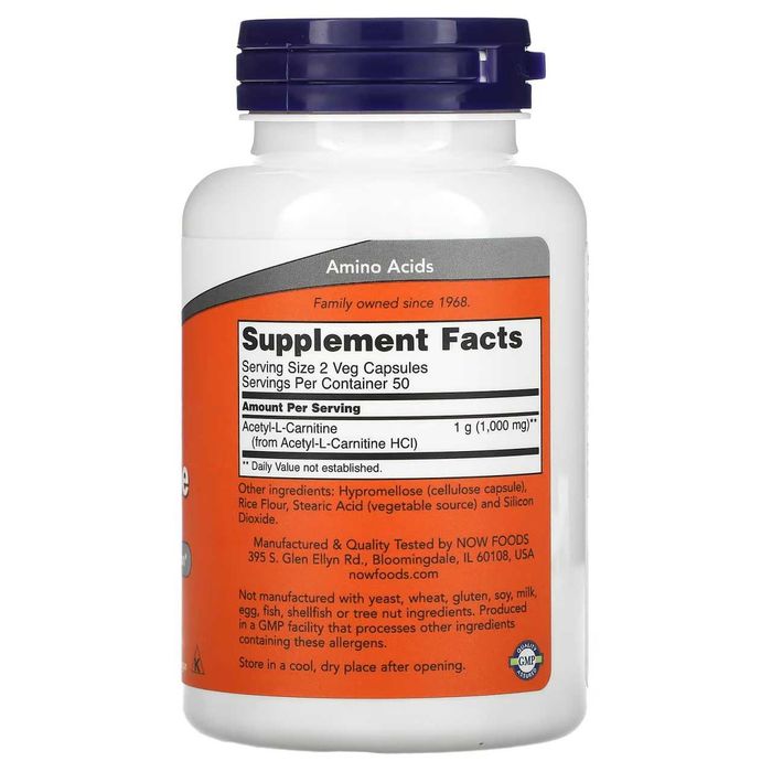 NOW Foods, Ацетил-L-карнитин, 500 мг. Acetyl-L-carnitine