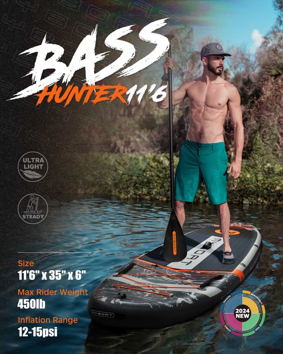 Нов, висок клас, широк 350 СМ надуваем падъл борд all-round SUP MYBOAT MY03 (Bass Hunter Grey STD) в сиво-черен с оранжев акцент дизайн.
