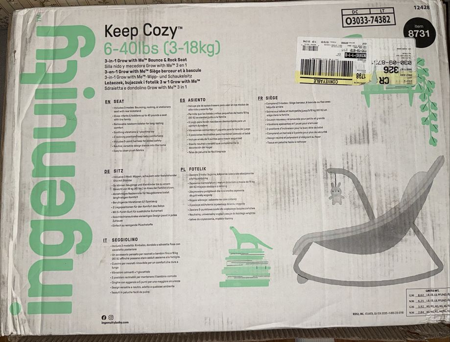 Шезлонг качалка Igenuity keep cozy 3 в 1 для малышей