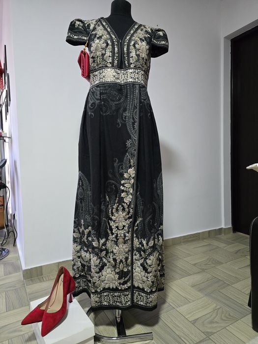 Rochie maxi din in si bumbac, model cu imprimeu  lotus înghețat