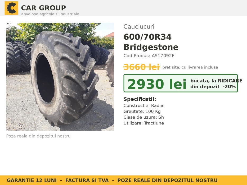 Anvelope Cauciucuri 600/70R34 600/70 R34 600/70-34 6007034 Bridgestone Tractor Punte Spate Utilaje Agricole SH Second Hand SECOND HAND Garantie 1 An