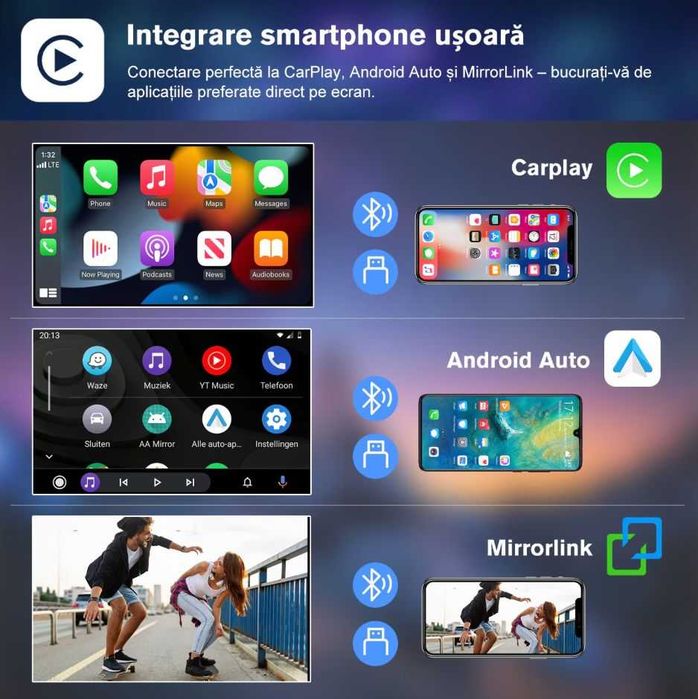 Navigatie GPS 2DIN Wireless CarPlay & Android Auto | Cameră Marșarier Inclusă