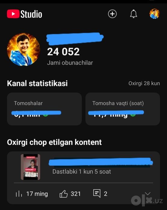 yovtube kanal / 500$