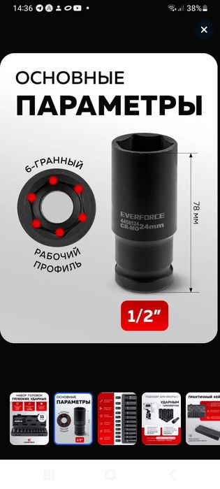 Набор ударных глубоких головок, 11 предметов