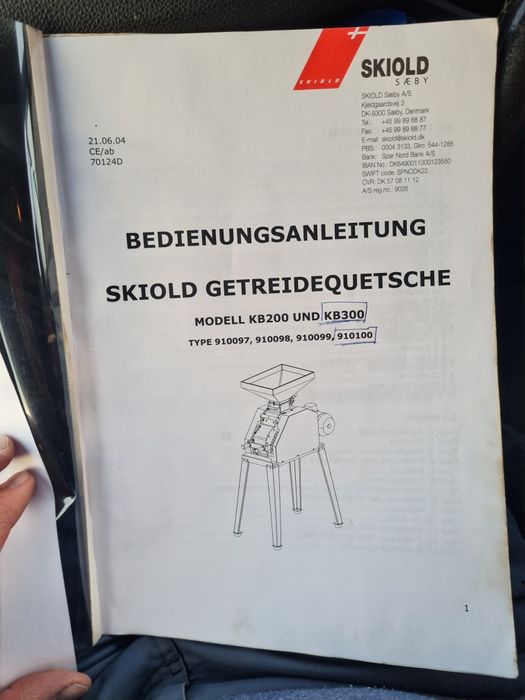 Moară de cereale SKIOLD KB300. Uruială Furaje Porumb Spărtură