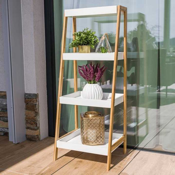 Етажерка 4 рафта МДФ бял естествен бамбук, 98*36*34см