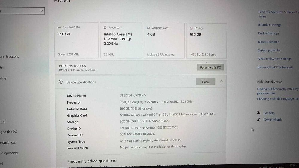 Laptop Gaming HP Omen (i7, 16GB RAM, 1050Ti, SSD M2 1TB)