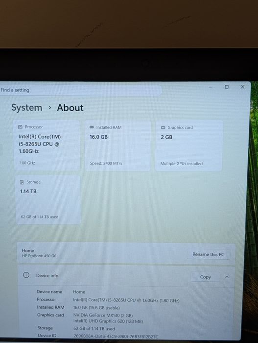 Laptop HP i5-8265u, 16GB DDR4, 256GB  m2 ssd, HDD 1TB, Nvidia mx130 2GB
