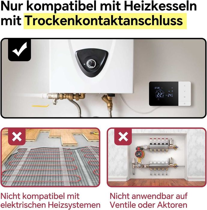 Termostat Beok BOT-W506-W/B-WIFI centrală termică gaz,wireless încălzire,WiFi cu suport pentru control vocal (Alexa),programat individual fiecare zi