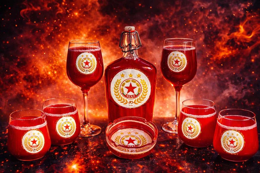 ТОП Подарък за фен на ЦСКА 1948 – бутилка - чаши - пепелник