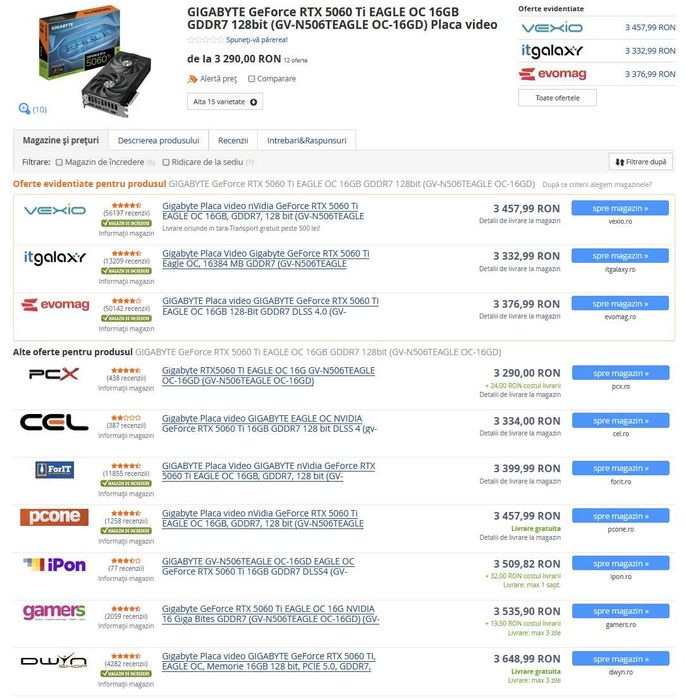 RTX 5060 TI 16GB EAGLE OC, sigilata, garantie 36 luni
