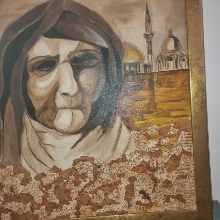 Tablou decorativ mare, tehnică mixtă (colaj + pictură pe pănză), 76×67