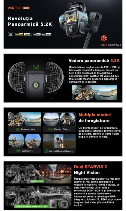 Camera auto Vantrue E360 filmare 360 grade kit supraveghere continuă inclus