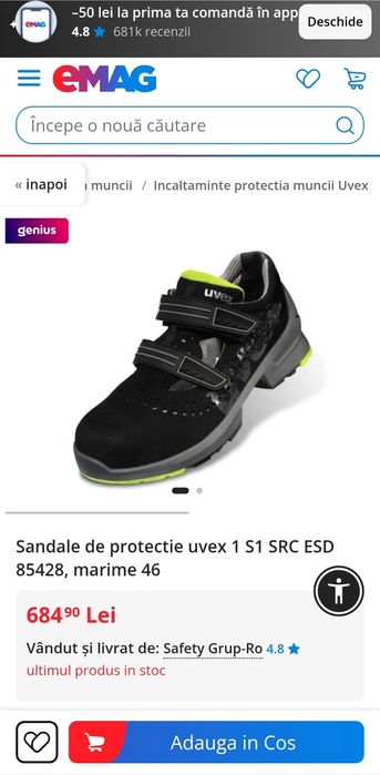 Pantofi de vara tip sanda UVEX 8542.8 S1 SRC ESD marimea 46 , zero km