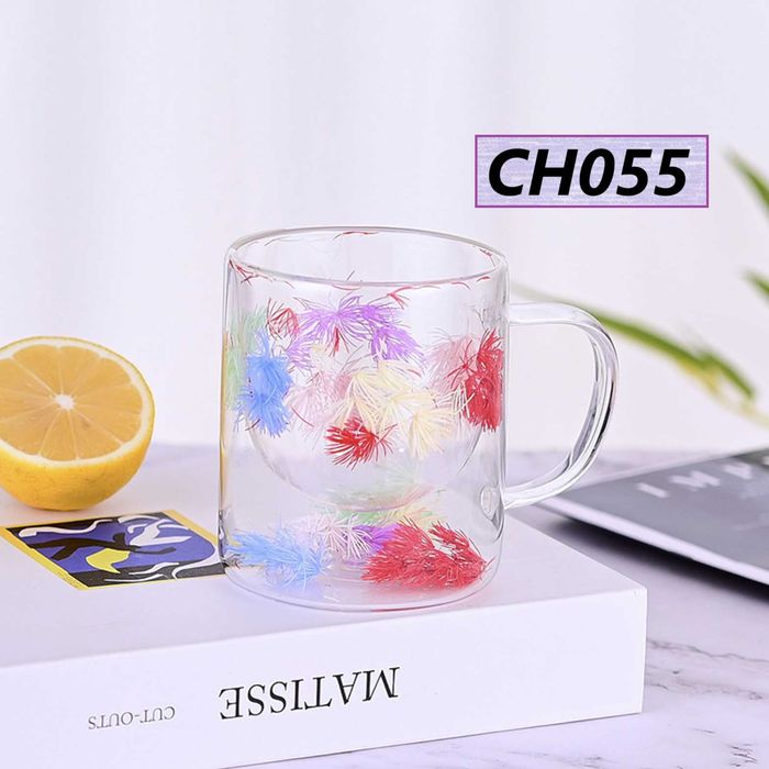 Чаша за кафе двустенна с многоцветни пера и дръжка, 350мл стъкло