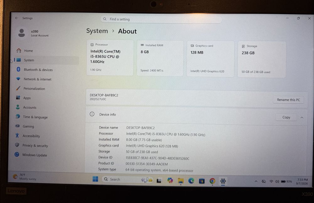 Lenovo ThinkPad X390 – i5-8365U, 8GB RAM, 256GB SSD, Windows 11 Pro