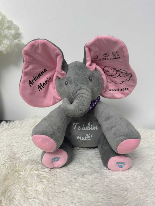 Elefant Cucu-Bau personalizat – jucărie muzicală pentru bebeluși