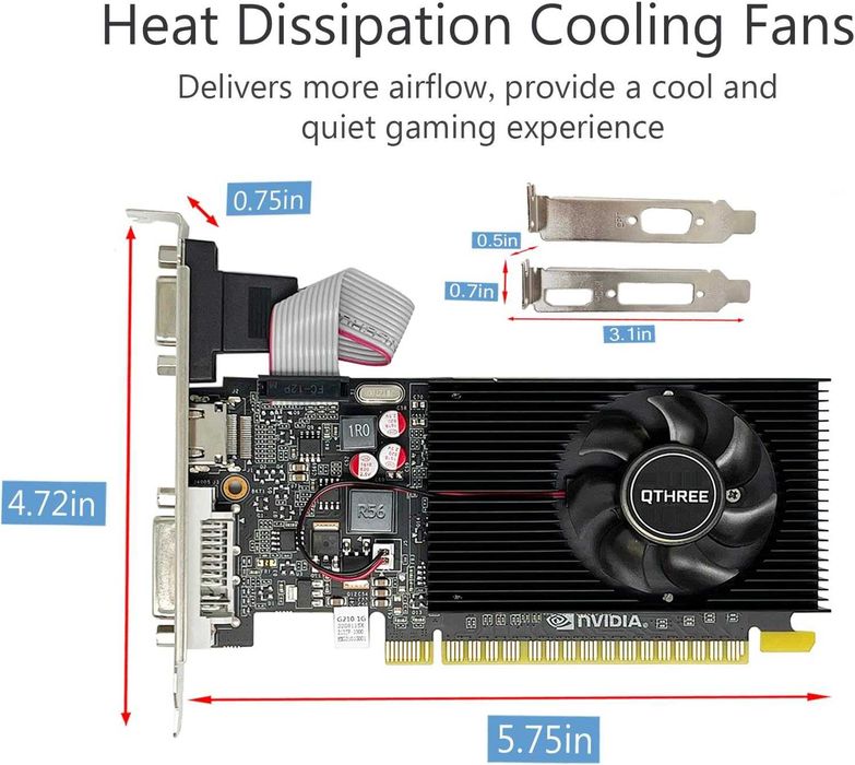 Placa video GPU QTHREE GT 210,1024 MB DDR3 64 biți HDMI DVI VGA,desktop frecvență bază 589 MHz PC PCI Express x16 profil redus