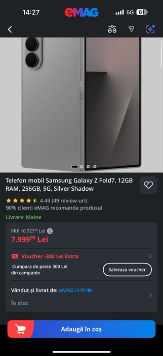 Fold 7, 12GB Ram, 256 Gb, Silver, NECODAT, CA NOU, GARANTIE EMAG 24 LUNI