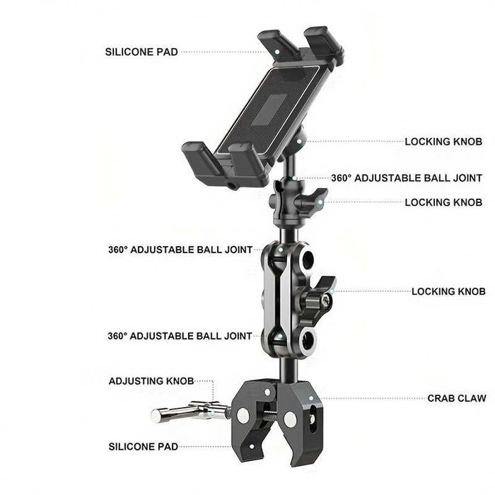 Suport telefon / tableta clema prindere metalica si brat reglabil 360